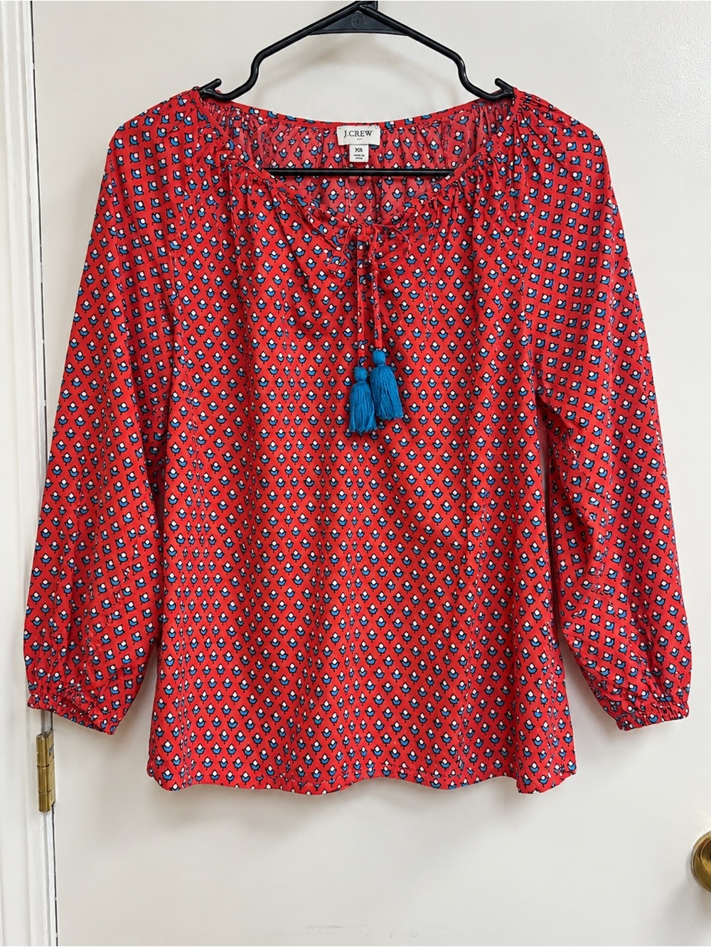J. Crew Red Patterned Peasant Tunic with Blue Tassel